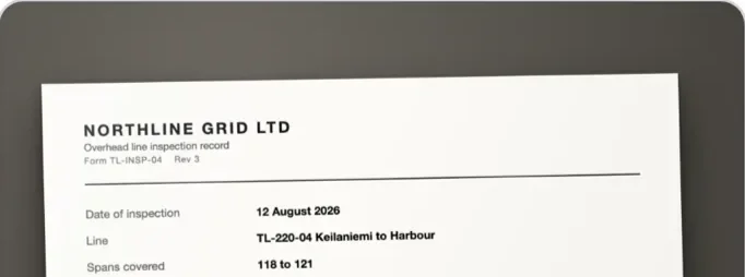 A photographed overhead line inspection form on a phone's dark ground: the operator's name, the record's title and form number, then the date of inspection, the line and the spans covered.